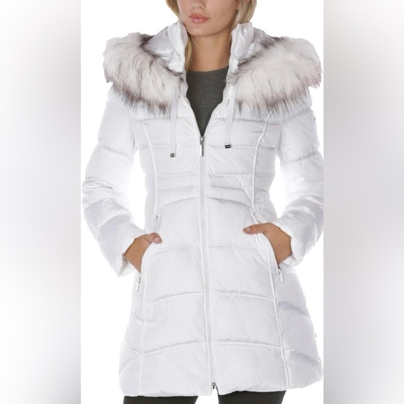 NWT Laundry By Shelli Segal White Puffer Coat with Fur Trim Hood - Picture 3 of 9